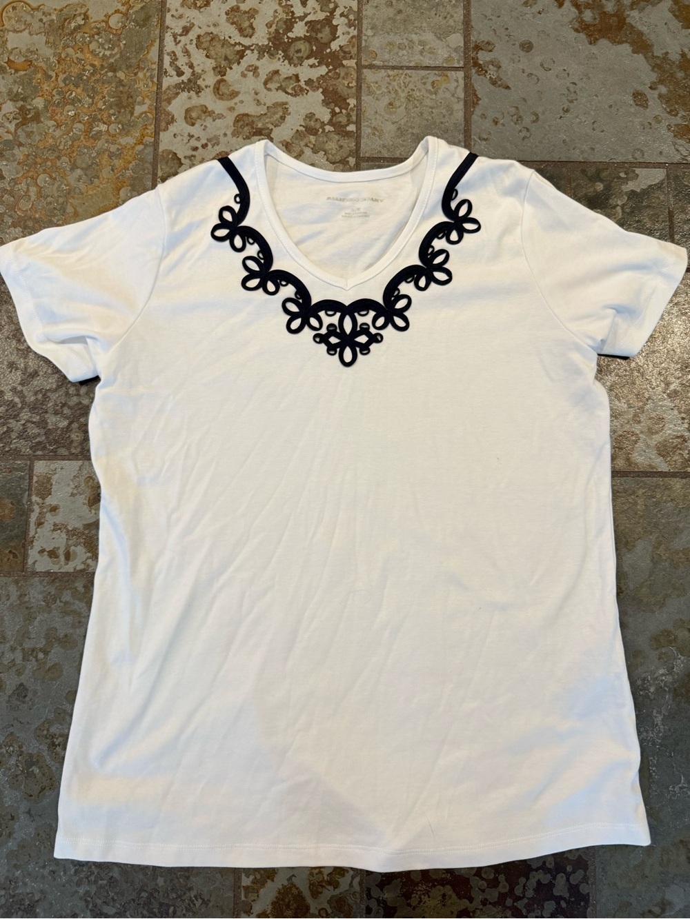 Allison Daley White Short Sleeve Tee with Black Embellished V-Neck